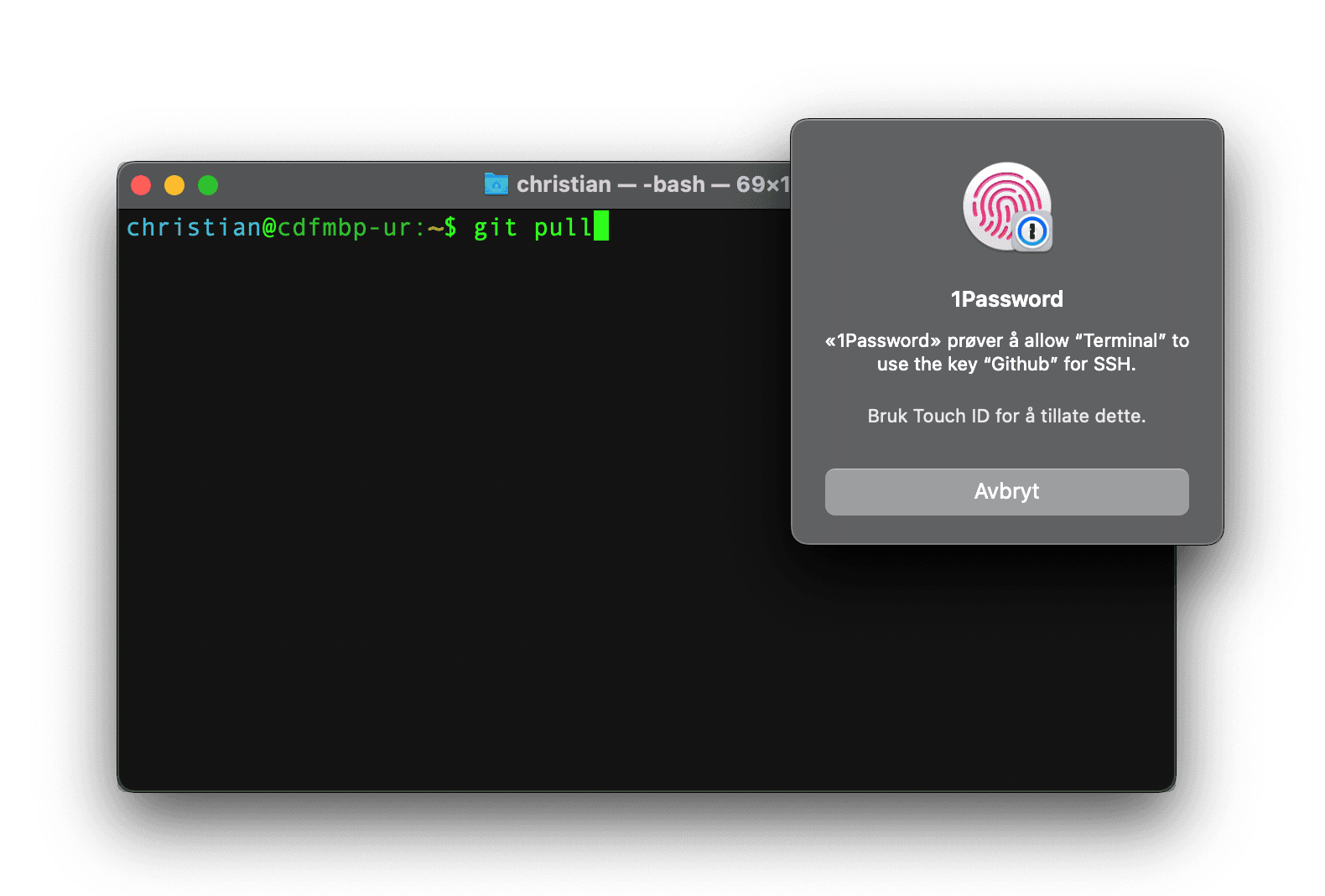 1Password asks for Touch ID approval before allowing Terminal to use the GitHub SSH key