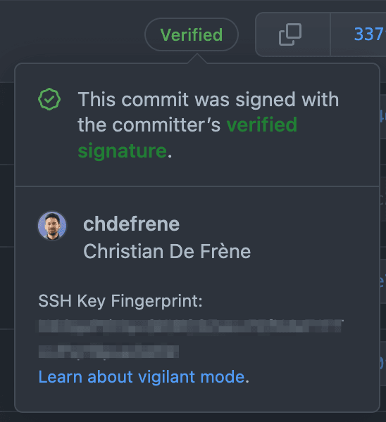 GitHub marks a commit as verified and displays the committer's SSH signing-key fingerprint