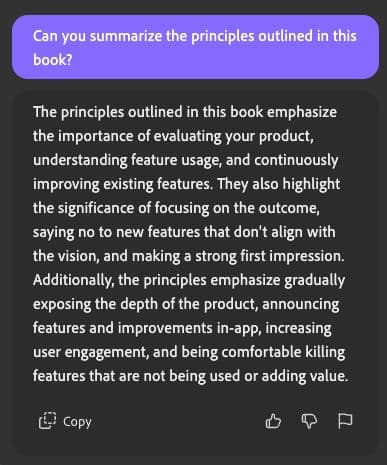 Adobe Acrobat AI Assistant summarizes the product-management principles in the uploaded book