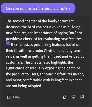 Adobe Acrobat AI Assistant summarizes the book's second chapter about evaluating new product features