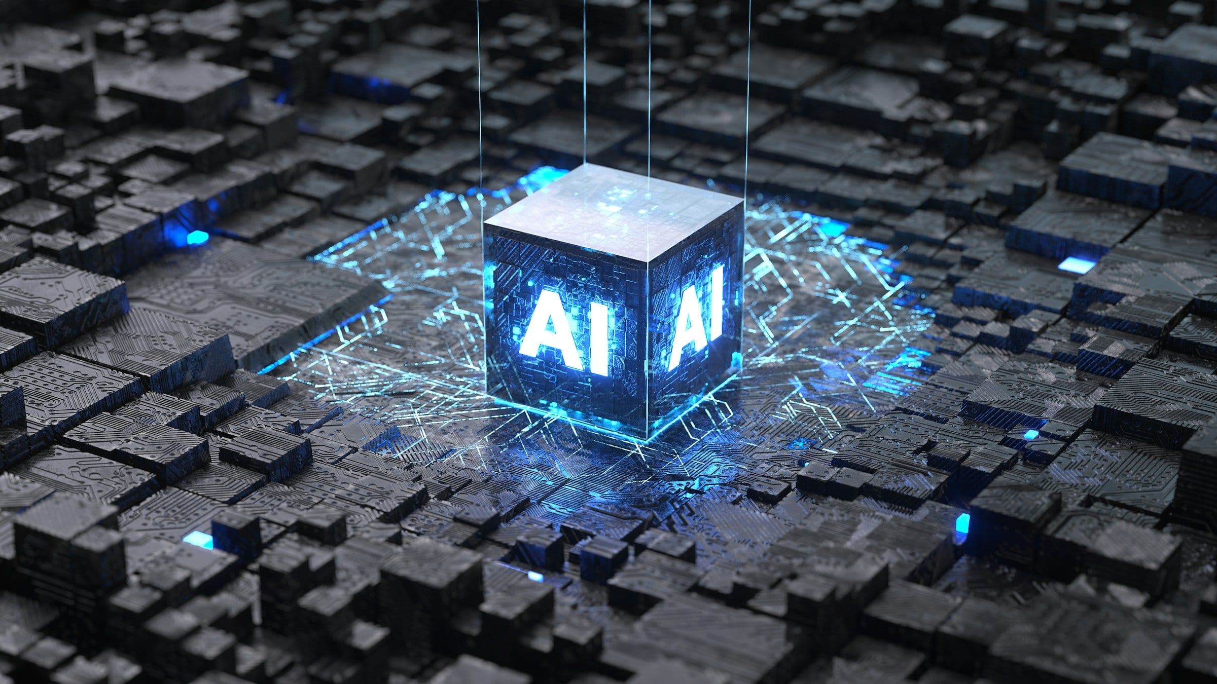 A three dimensional glowing cube displaying «AI» as text