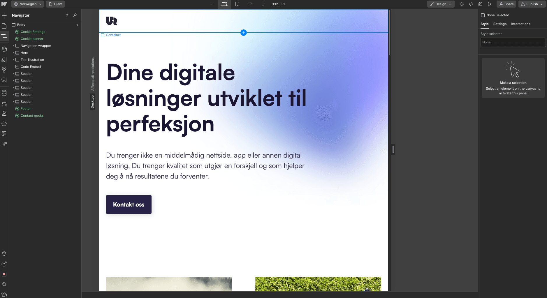 Webflow sitt designer grensesnitt.