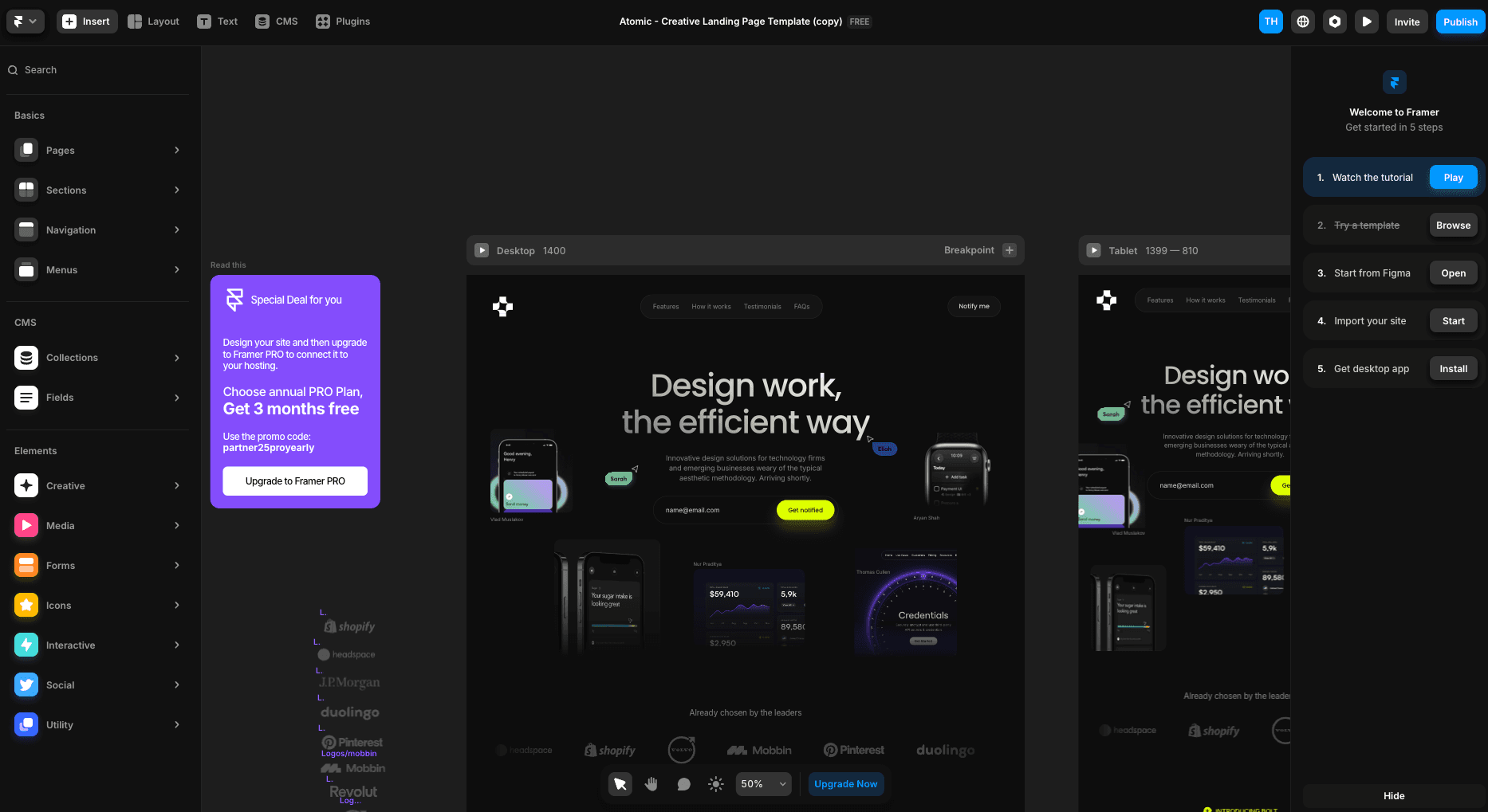 Editoren til Framer med en gratis mal.