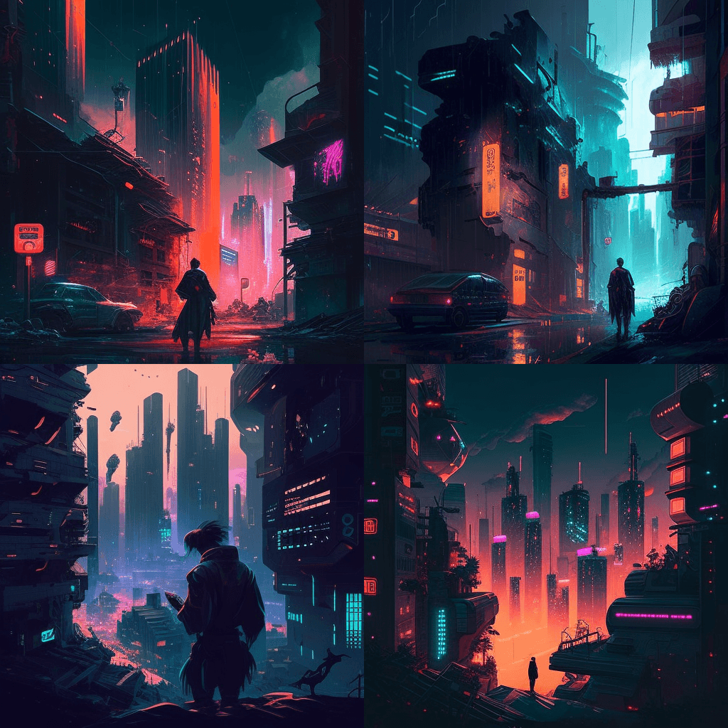 Fire KI-genererte motiver av en cyberpunk-by