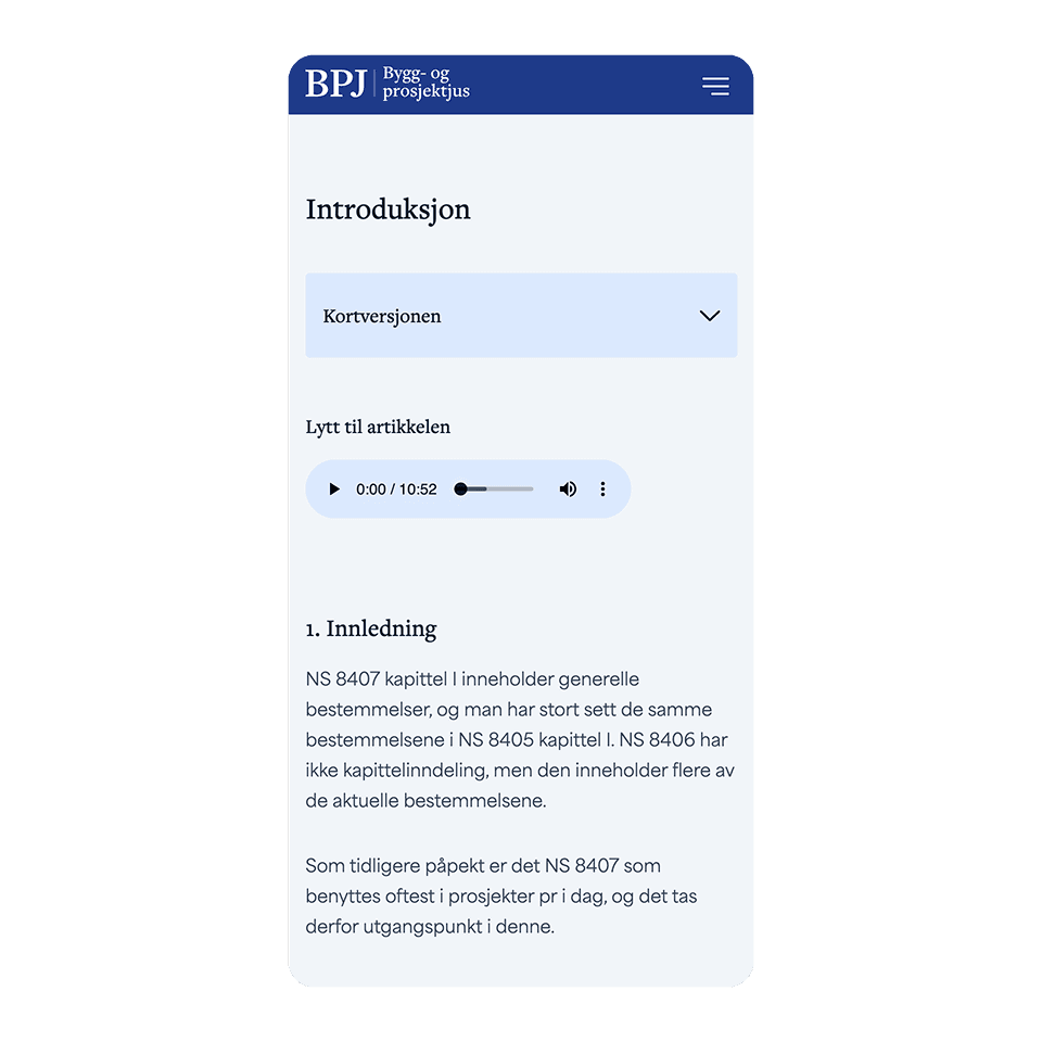Mobile view of a Bygg og prosjektjus knowledge article