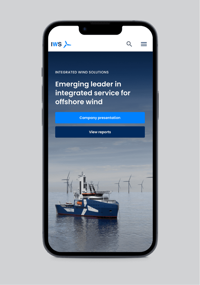 Integrated Wind Solutions-forsiden vist på en mobiltelefon