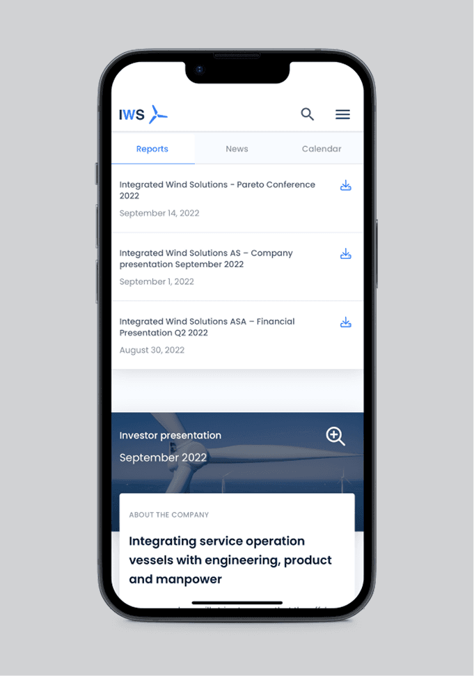Integrated Wind Solutions-rapportsiden vist på en mobiltelefon