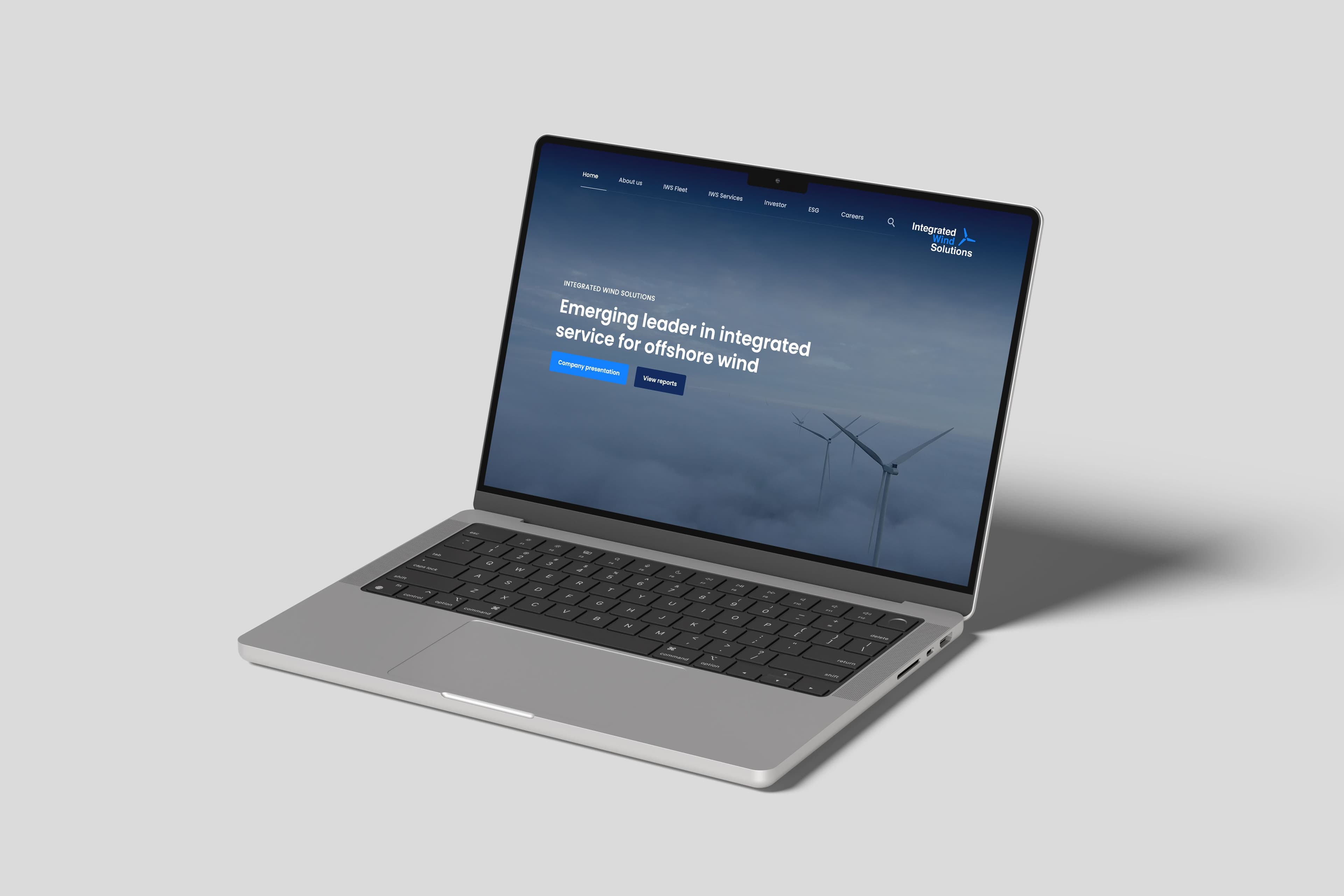 Laptop som viser nettsiden til Integrated Wind Solutions