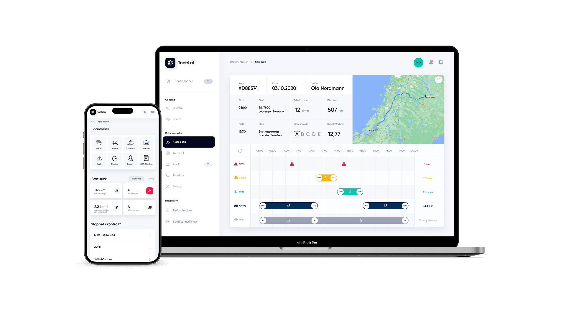Tactrl-grensesnitt med kjøredata vist på datamaskin og mobil