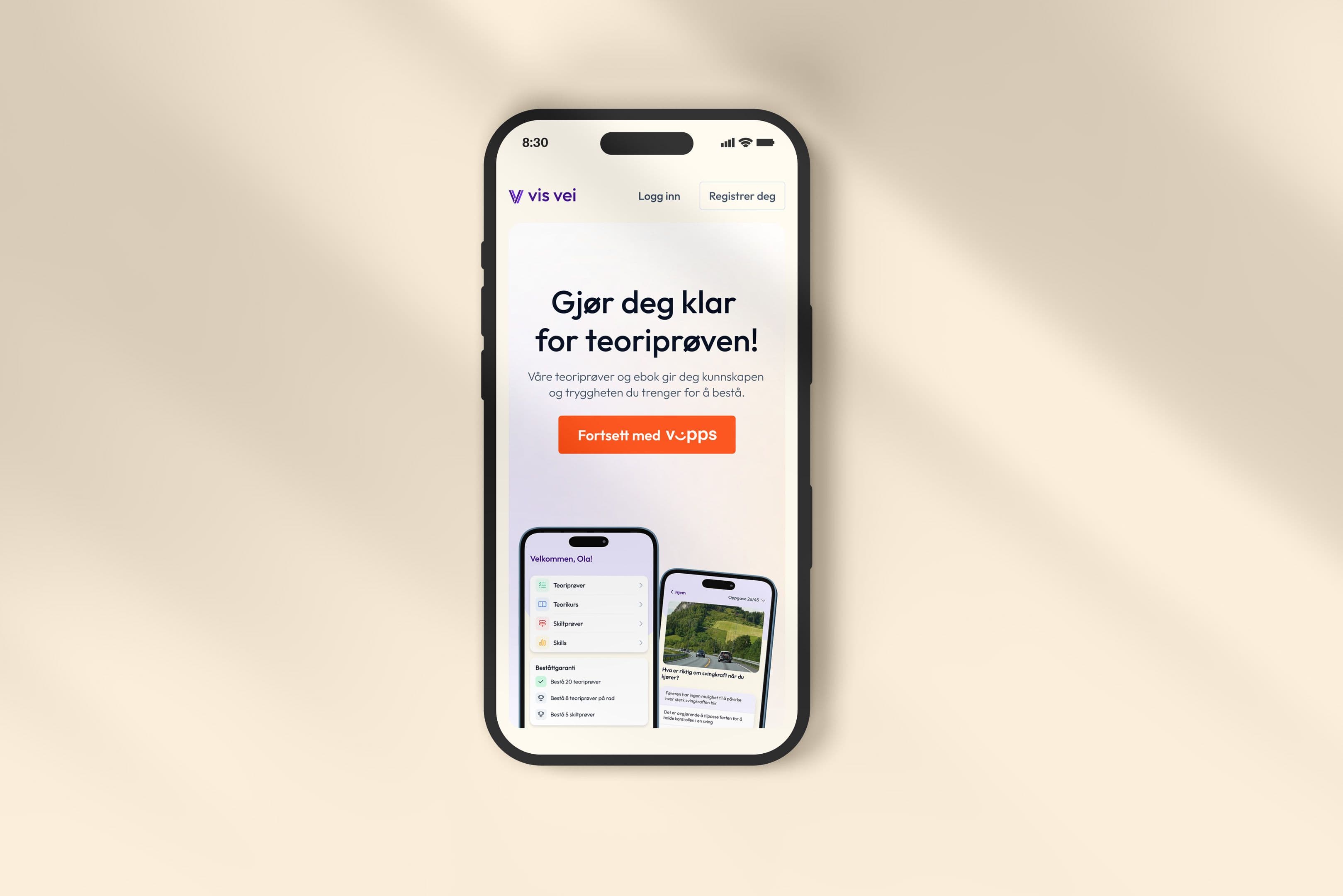 Telefon som viser landingssiden til Vis vei